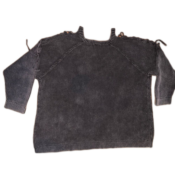 Torrid Lace-Up Cold Shoulder Knit Sweater Washed Black V-Neck Plus 5X Cotton - Picture 3 of 5